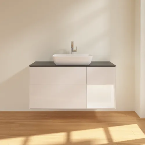 VILLEROY BOCH Toaletní skříňka Finion, s osvětlením, 3 výsuvy, 1200 x 603 x 501 mm, lesklý bílý lak / bílý matný lak / sklo černé matné #F832MTGF, obrázek 3