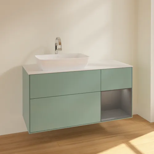 VILLEROY BOCH Toaletní skříňka Finion, s osvětlením, 3 výsuvy, 1200 x 603 x 501 mm, olivový matný lak / antracitový matný lak / bílé matné sklo #F811GKGM, obrázek 2