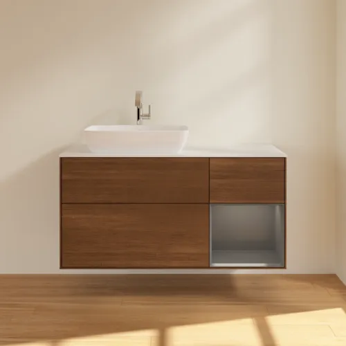 VILLEROY BOCH Toaletní skříňka Finion, s osvětlením, 3 výsuvy, 1200 x 603 x 501 mm, ořechová dýha / antracitový matný lak / bílé matné sklo #F811GKGN, obrázek 3