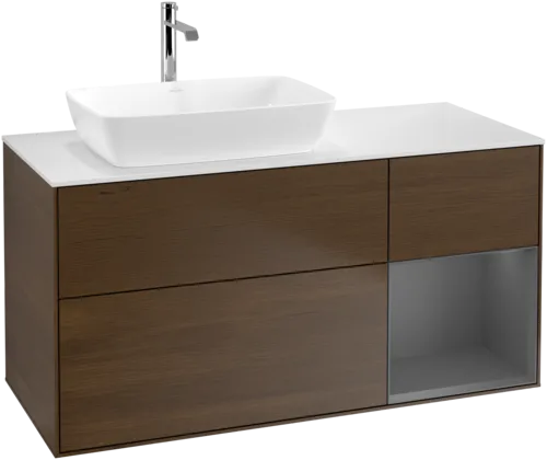 VILLEROY BOCH Toaletní skříňka Finion, s osvětlením, 3 výsuvy, 1200 x 603 x 501 mm, ořechová dýha / antracitový matný lak / bílé matné sklo #F811GKGN, obrázek 1