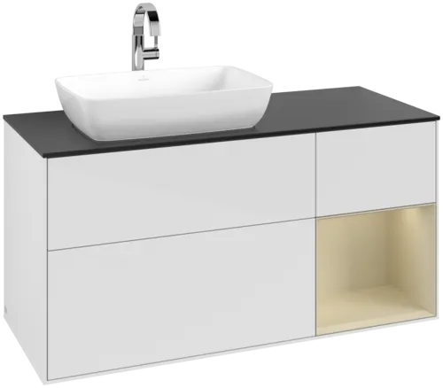 VILLEROY BOCH Toaletní skříňka Finion, s osvětlením, 3 výsuvy, 1200 x 603 x 501 mm, lesklý bílý lak / hedvábně šedý matný lak / černé matné sklo #F812HJGF