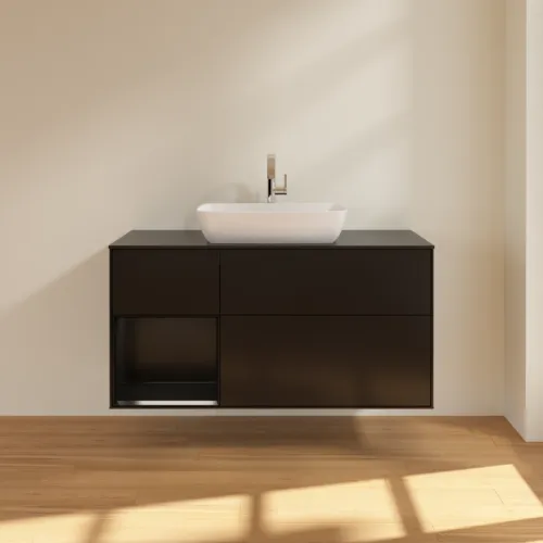 VILLEROY BOCH Toaletní skříňka Finion, s osvětlením, 3 výsuvy, 1200 x 603 x 501 mm, černý matný lak / černý matný lak / černé matné sklo #F822PDPD, obrázek 3