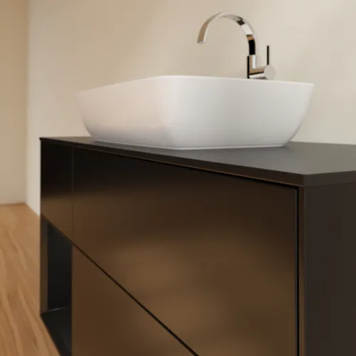 VILLEROY BOCH Toaletní skříňka Finion, s osvětlením, 3 výsuvy, 1200 x 603 x 501 mm, černý matný lak / černý matný lak / černé matné sklo #F822PDPD, obrázek 6