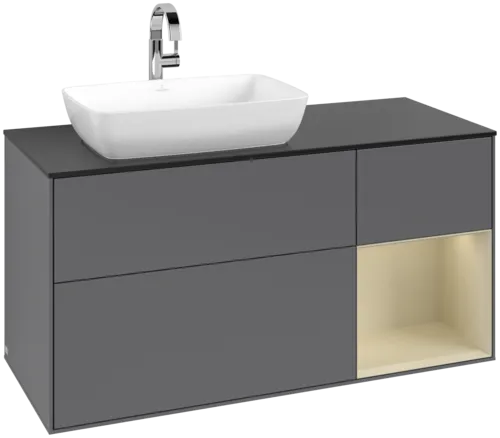 VILLEROY BOCH Toaletní skříňka Finion, s osvětlením, 3 výsuvy, 1200 x 603 x 501 mm, antracitový matný lak / hedvábně šedý matný lak / černé matné sklo #F812HJGK