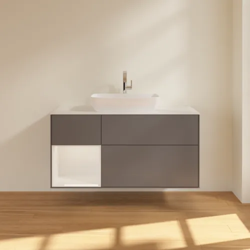 VILLEROY BOCH Toaletní skříňka Finion, s osvětlením, 3 výsuvy, 1200 x 603 x 501 mm, antracit matný lak / lesklý bílý lak / sklo bílé matné #F821GFGK, obrázek 3