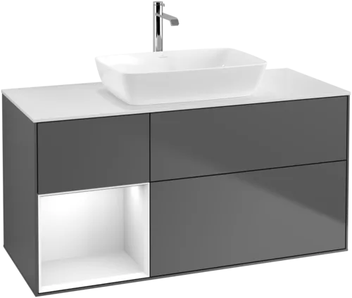 VILLEROY BOCH Toaletní skříňka Finion, s osvětlením, 3 výsuvy, 1200 x 603 x 501 mm, antracit matný lak / lesklý bílý lak / sklo bílé matné #F821GFGK, obrázek 1