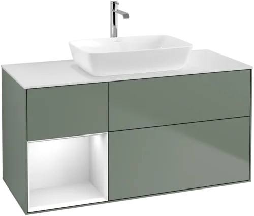 VILLEROY BOCH Toaletní skříňka Finion, s osvětlením, 3 výsuvy, 1200 x 603 x 501 mm, olivově matný lak / lesklý bílý lak / sklo bílé matné #F821GFGM, obrázek 1