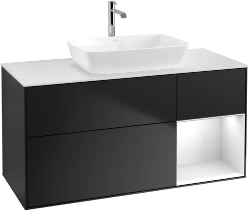 VILLEROY BOCH Toaletní skříňka Finion, s osvětlením, 3 výsuvy, 1200 x 603 x 501 mm, černý matný lak / bílý lesklý lak / bílé matné sklo #F831GFPD, obrázek 1