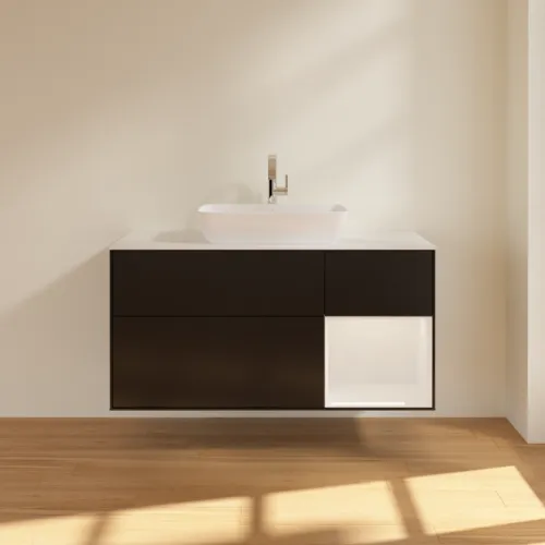 VILLEROY BOCH Toaletní skříňka Finion, s osvětlením, 3 výsuvy, 1200 x 603 x 501 mm, černý matný lak / bílý lesklý lak / bílé matné sklo #F831GFPD, obrázek 3