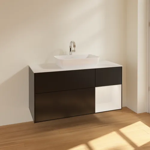 VILLEROY BOCH Toaletní skříňka Finion, s osvětlením, 3 výsuvy, 1200 x 603 x 501 mm, černý matný lak / bílý lesklý lak / bílé matné sklo #F831GFPD, obrázek 2
