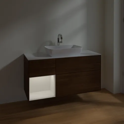 VILLEROY BOCH Toaletní skříňka Finion, s osvětlením, 3 výsuvy, 1200 x 603 x 501 mm, ořechová dýha / lesklý bílý lak / sklo bílé matné #F821GFGN, obrázek 5