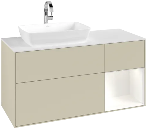 VILLEROY BOCH Toaletní skříňka Finion, s osvětlením, 3 výsuvy, 1200 x 603 x 501 mm, Silk Grey Matt Lacquer / White Matt Lacquer / Glass White Matt #F811MTHJ