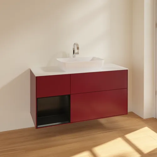 VILLEROY BOCH Toaletní skříňka Finion, s osvětlením, 3 výsuvy, 1200 x 603 x 501 mm, Pivoňka matný lak / Černý matný lak / Sklo bílé matné #F821PDHB, obrázek 2