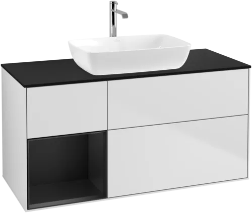 VILLEROY BOCH Toaletní skříňka Finion, s osvětlením, 3 výsuvy, 1200 x 603 x 501 mm, bílý matný lak / černý matný lak / černé matné sklo #F822PDMT, obrázek 1