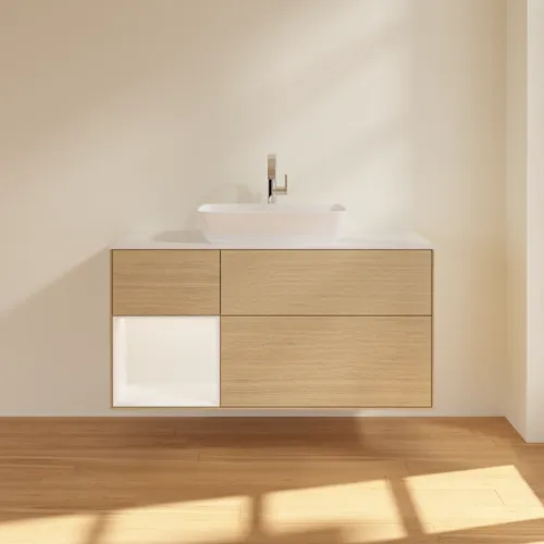 VILLEROY BOCH Toaletní skříňka Finion, s osvětlením, 3 výsuvy, 1200 x 603 x 501 mm, dubová dýha / bílý matný lak / bílé matné sklo #F821MTPC, obrázek 3