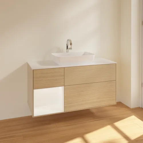 VILLEROY BOCH Toaletní skříňka Finion, s osvětlením, 3 výsuvy, 1200 x 603 x 501 mm, dubová dýha / bílý matný lak / bílé matné sklo #F821MTPC, obrázek 2