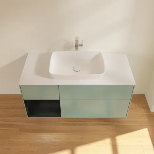 VILLEROY BOCH Toaletní skříňka Finion, s osvětlením, 3 výsuvy, 1200 x 603 x 501 mm, olivový matný lak / černý matný lak / bílé matné sklo #F821PDGM, obrázek 4