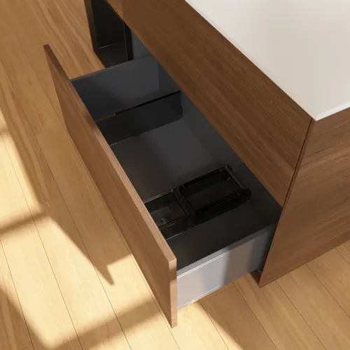 VILLEROY BOCH Toaletní skříňka Finion, s osvětlením, 3 výsuvy, 1200 x 603 x 501 mm, ořechová dýha / černý matný lak / sklo bílé matné #F821PDGN, obrázek 7