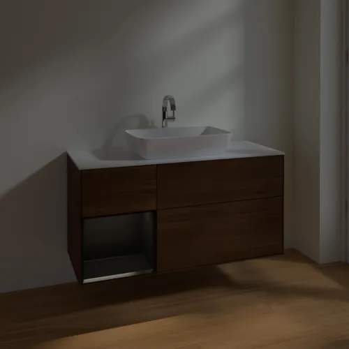 VILLEROY BOCH Toaletní skříňka Finion, s osvětlením, 3 výsuvy, 1200 x 603 x 501 mm, ořechová dýha / černý matný lak / sklo bílé matné #F821PDGN, obrázek 5