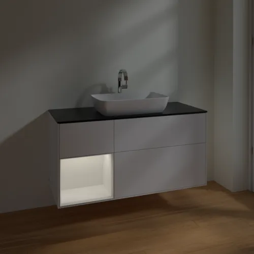 VILLEROY BOCH Toaletní skříňka Finion, s osvětlením, 3 výsuvy, 1200 x 603 x 501 mm, bílý matný lak / bílý lesklý lak / černé matné sklo #F822GFMT, obrázek 5