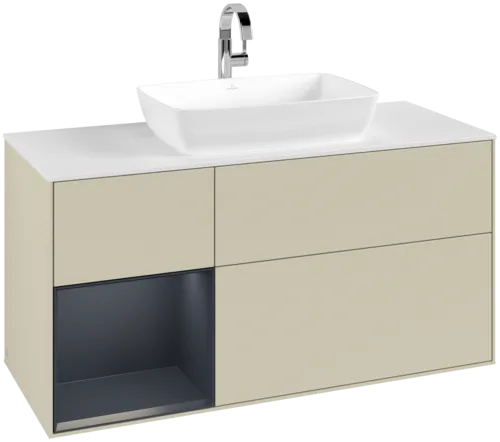 VILLEROY BOCH Toaletní skříňka Finion, s osvětlením, 3 výsuvy, 1200 x 603 x 501 mm, hedvábně šedý matný lak / půlnočně modrý matný lak / bílé matné sklo #F821HGHJ