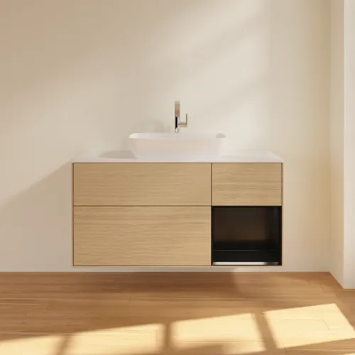 VILLEROY BOCH Toaletní skříňka Finion, s osvětlením, 3 výsuvy, 1200 x 603 x 501 mm, dubová dýha / černý matný lak / bílé matné sklo #F831PDPC, obrázek 3