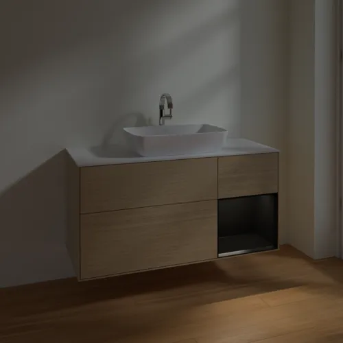 VILLEROY BOCH Toaletní skříňka Finion, s osvětlením, 3 výsuvy, 1200 x 603 x 501 mm, dubová dýha / černý matný lak / bílé matné sklo #F831PDPC, obrázek 5
