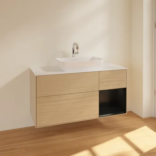 VILLEROY BOCH Toaletní skříňka Finion, s osvětlením, 3 výsuvy, 1200 x 603 x 501 mm, dubová dýha / černý matný lak / bílé matné sklo #F831PDPC, obrázek 2