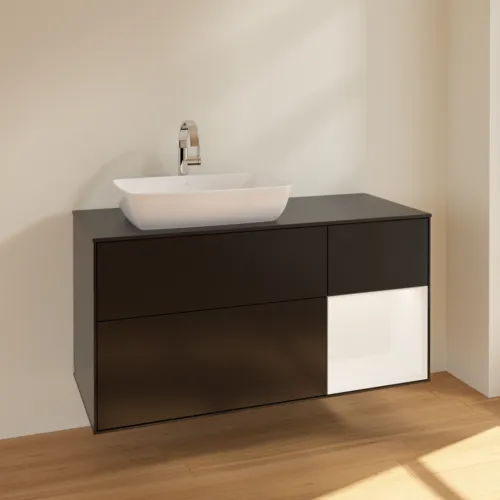 VILLEROY BOCH Toaletní skříňka Finion, s osvětlením, 3 výsuvy, 1200 x 603 x 501 mm, černý matný lak / bílý matný lak / černé matné sklo #F812MTPD, obrázek 2