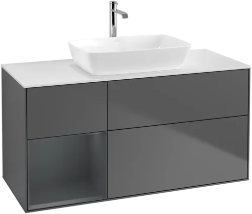 VILLEROY BOCH Toaletní skříňka Finion, s osvětlením, 3 výsuvy, 1200 x 603 x 501 mm, antracitový matný lak / půlnoční modrý matný lak / bílé matné sklo #F821HGGK
