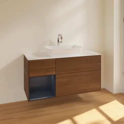 VILLEROY BOCH Toaletní skříňka Finion, s osvětlením, 3 výsuvy, 1200 x 603 x 501 mm, ořechová dýha / půlnočně modrý matný lak / sklo bílé matné #F821HGGN, obrázek 2