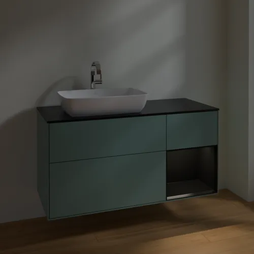 VILLEROY BOCH Toaletní skříňka Finion, s osvětlením, 3 výsuvy, 1200 x 603 x 501 mm, olivový matný lak / černý matný lak / černé matné sklo #F812PDGM, obrázek 5