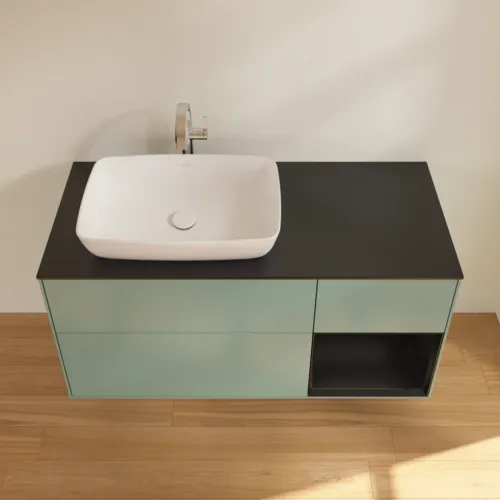 VILLEROY BOCH Toaletní skříňka Finion, s osvětlením, 3 výsuvy, 1200 x 603 x 501 mm, olivový matný lak / černý matný lak / černé matné sklo #F812PDGM, obrázek 4