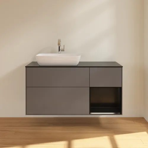 VILLEROY BOCH Toaletní skříňka Finion, s osvětlením, 3 výsuvy, 1200 x 603 x 501 mm, antracitový matný lak / černý matný lak / černé matné sklo #F812PDGK, obrázek 3