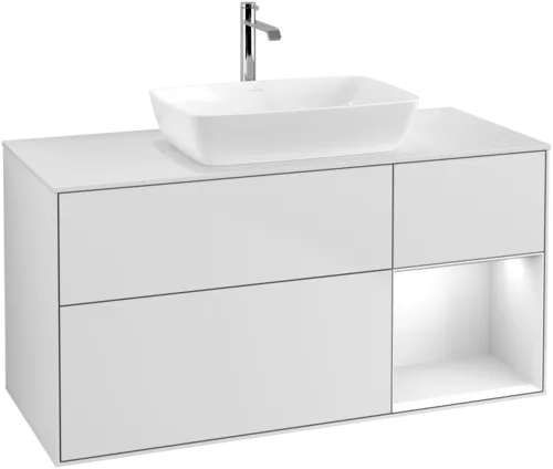 VILLEROY BOCH Umyvadlová skříňka Finion, s osvětlením, 3 výsuvy, 1200 x 603 x 501 mm, bílý matný lak / bílý lesklý lak / bílé matné sklo #F831GFMT