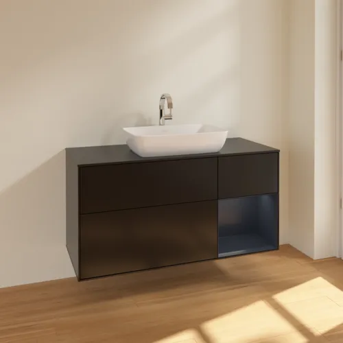 VILLEROY BOCH Toaletní skříňka Finion, s osvětlením, 3 výsuvy, 1200 x 603 x 501 mm, černý matný lak / půlnoční modrý matný lak / černé matné sklo #F832HGPD, obrázek 2
