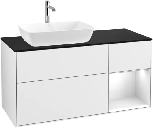 VILLEROY BOCH Toaletní skříňka Finion, s osvětlením, 3 výsuvy, 1200 x 603 x 501 mm, lesklý bílý lak / lesklý bílý lak / sklo černé matné #F812GFGF, obrázek 1
