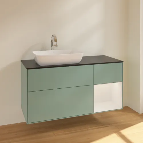 VILLEROY BOCH Toaletní skříňka Finion, s osvětlením, 3 výsuvy, 1200 x 603 x 501 mm, olivový matný lak / lesklý bílý lak / sklo černé matné #F812GFGM, obrázek 2