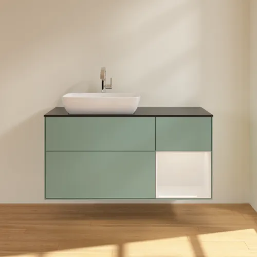 VILLEROY BOCH Toaletní skříňka Finion, s osvětlením, 3 výsuvy, 1200 x 603 x 501 mm, olivový matný lak / lesklý bílý lak / sklo černé matné #F812GFGM, obrázek 3