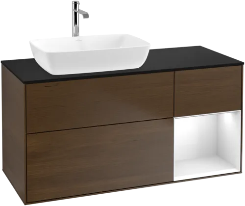 VILLEROY BOCH Toaletní skříňka Finion, s osvětlením, 3 výsuvy, 1200 x 603 x 501 mm, ořechová dýha / lesklý bílý lak / sklo černé matné #F812GFGN, obrázek 1