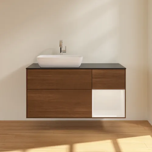 VILLEROY BOCH Toaletní skříňka Finion, s osvětlením, 3 výsuvy, 1200 x 603 x 501 mm, ořechová dýha / lesklý bílý lak / sklo černé matné #F812GFGN, obrázek 3
