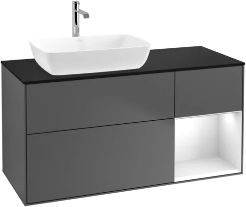 VILLEROY BOCH Toaletní skříňka Finion, s osvětlením, 3 výsuvy, 1200 x 603 x 501 mm, antracitový matný lak / lesklý bílý lak / černé matné sklo #F812GFGK