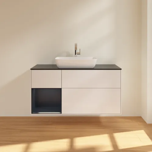 VILLEROY BOCH Toaletní skříňka Finion, s osvětlením, 3 výsuvy, 1200 x 603 x 501 mm, lesklý bílý lak / půlnoční modrý matný lak / černé matné sklo #F822HGGF, obrázek 3