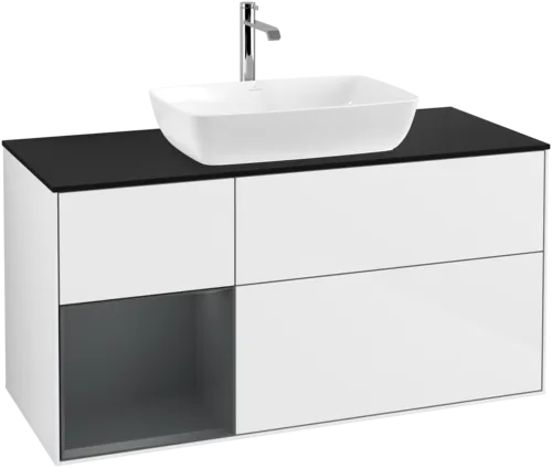 VILLEROY BOCH Toaletní skříňka Finion, s osvětlením, 3 výsuvy, 1200 x 603 x 501 mm, lesklý bílý lak / půlnoční modrý matný lak / černé matné sklo #F822HGGF, obrázek 1
