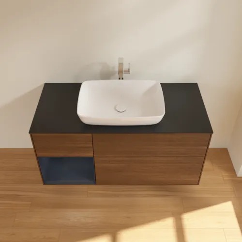 VILLEROY BOCH Toaletní skříňka Finion, s osvětlením, 3 výsuvy, 1200 x 603 x 501 mm, ořechová dýha / půlnočně modrý matný lak / černé matné sklo #F822HGGN, obrázek 4