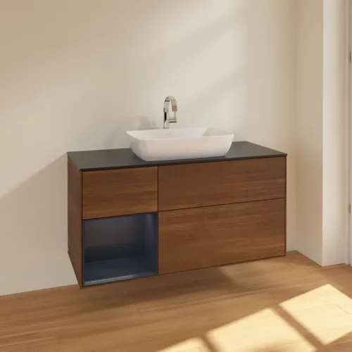 VILLEROY BOCH Toaletní skříňka Finion, s osvětlením, 3 výsuvy, 1200 x 603 x 501 mm, ořechová dýha / půlnočně modrý matný lak / černé matné sklo #F822HGGN, obrázek 2