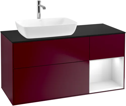 VILLEROY BOCH Toaletní skříňka Finion, s osvětlením, 3 výsuvy, 1200 x 603 x 501 mm, matný lak Peony / lesklý bílý lak / černé matné sklo #F812GFHB, obrázek 1