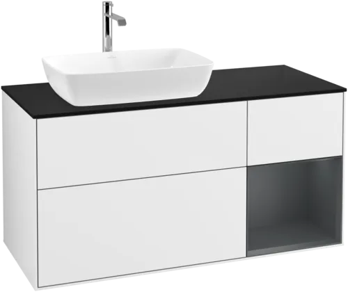 VILLEROY BOCH Toaletní skříňka Finion, s osvětlením, 3 výsuvy, 1200 x 603 x 501 mm, lesklý bílý lak / půlnoční modrý matný lak / černé matné sklo #F812HGGF
