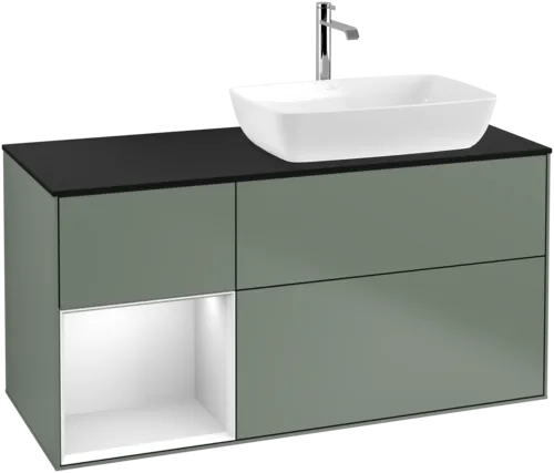 VILLEROY BOCH Toaletní skříňka Finion, s osvětlením, 3 výsuvy, 1200 x 603 x 501 mm, olivový matný lak / bílý matný lak / černé matné sklo #F802MTGM, obrázek 1