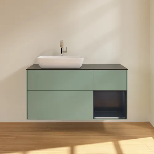 VILLEROY BOCH Toaletní skříňka Finion, s osvětlením, 3 výsuvy, 1200 x 603 x 501 mm, olivový matný lak / půlnoční modrý matný lak / černé matné sklo #F812HGGM, obrázek 3